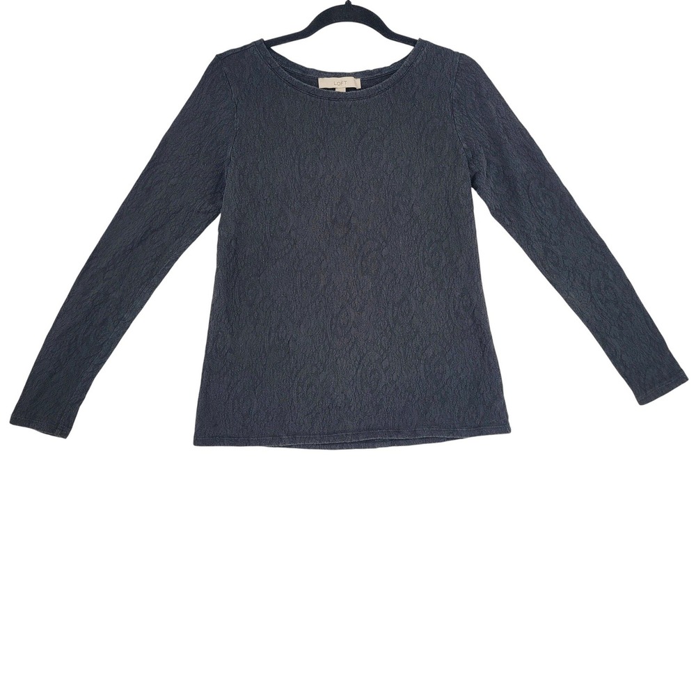 LOFT Lace Textured Long Sleeve‎ Top Black Small Feminine Minimalist Soft Knit